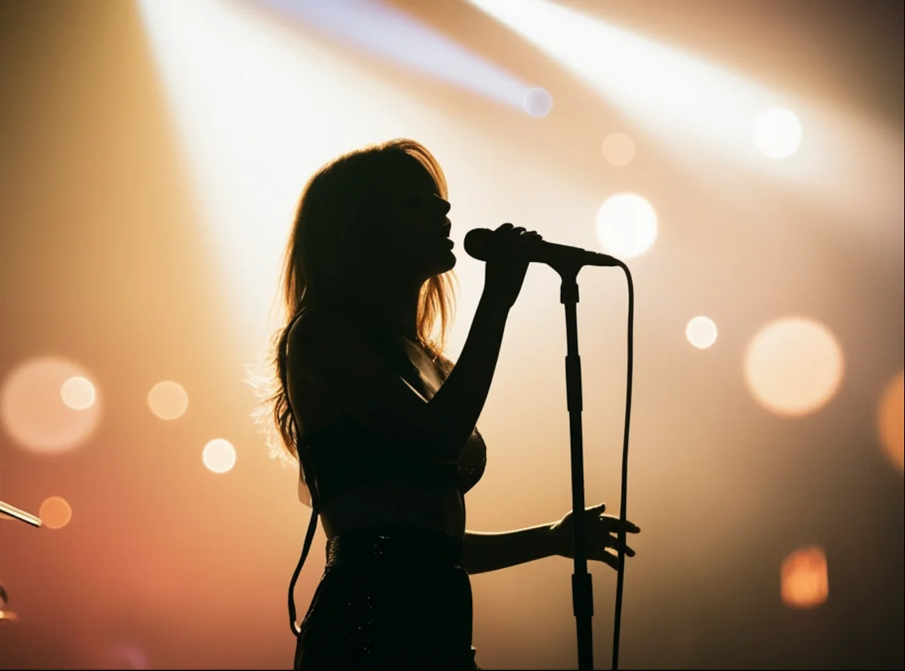 A singer silhouetted against stage lights